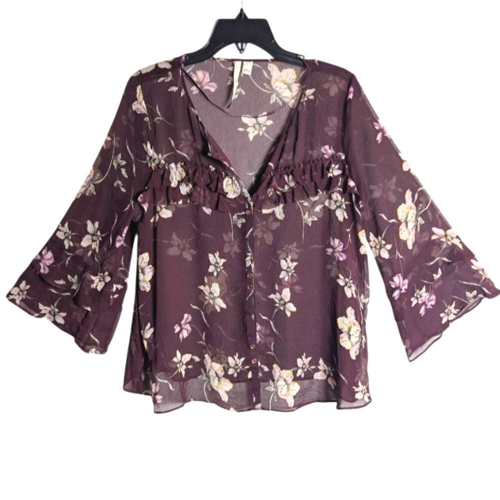 Lauren Conrad Sheer Purple & Cream Floral Ruffle Bell Sleeve Blouse Top Womens l